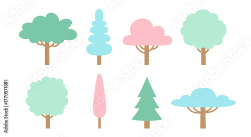 Collection of Stylized Tree Icons Diverse Shapes and Colors for Nature-Themed Designs