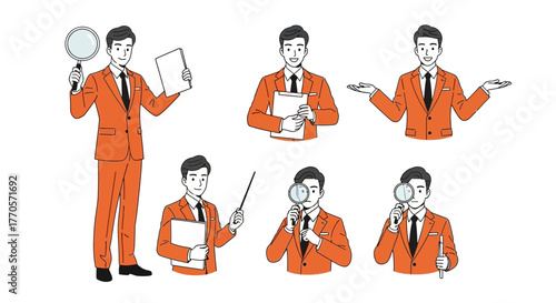 Businessman with Magnifying Glass Gestures Illustration Set