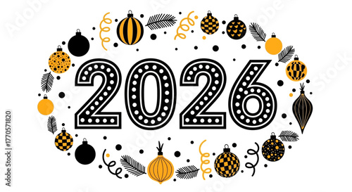 A festive New Year 2026 greeting card design featuring an oval frame of black and gold holiday ornaments and confetti on a white background