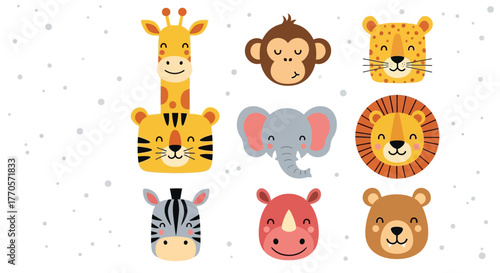 Cute cartoon safari animal faces collection, perfect for children's decor and educational materials