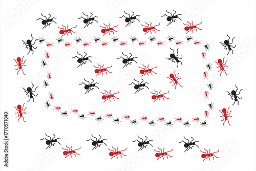 This image depicts a cartoonish scene of many black and red ants. They are arranged in a rough rectangle shape, with some ants inside and some outside. The ants are all facing various directions,