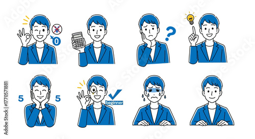 Diverse vector illustration set depicting a business professional's emotions and actions, showcasing concepts from financial calculation and idea generation to problem-