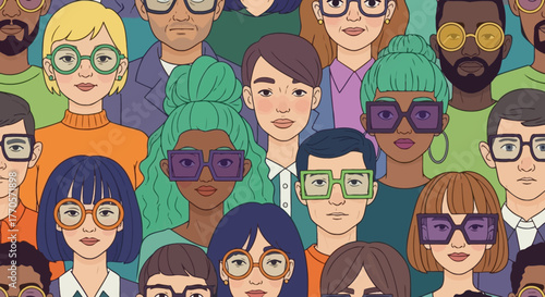 Vibrant illustration showcasing a diverse crowd of unique individuals, each adorned with distinctive eyeglasses, symbolizing modern community, inclusivity, and personal style
