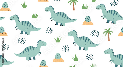 Cute Dinosaur Pattern Illustration with Eggs and Palm Trees for Baby Showers and Nursery Decor