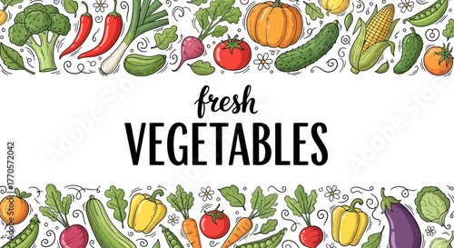 Hand-drawn fresh vegetables frame design, a colorful organic food border illustration perfect for healthy eating promotions, vegetarian recipes, and culinary projects