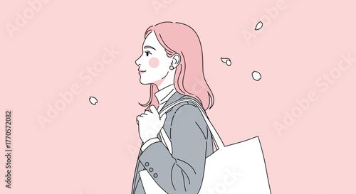 Minimalist line art illustration of a serene young woman with pink hair enjoying a peaceful spring walk amidst falling petals, exuding a gentle and reflective mood