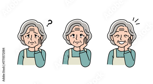 A vibrant sequence of senior woman illustrations capturing her emotional range from puzzled moments and quiet contemplation to cheerful smiles, reflecting diverse sentiments