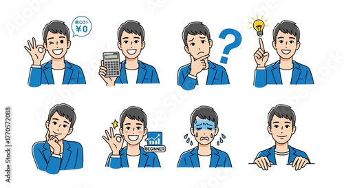 Man in Different Poses Vector Illustration Set of Expressions and Actions