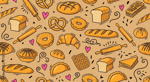 Seamless pattern with delicious baked goods, including bread, croissants, pretzels, donuts, pies, and pastries, perfect for bakery branding and food illustrations