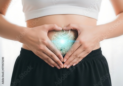 Close-up of a woman forming a heart shape on her stomach with glowing intestines graphic symbolizing care, digestion, and gut wellness for overall health.