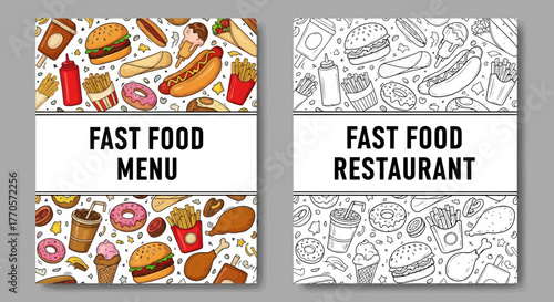 Two creative design templates for a fast food restaurant menu or poster, featuring a colorful pattern and a black and white line art version