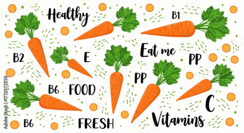 Vibrant and educational illustration showcasing fresh organic carrots, highlighted as a natural source of essential vitamins and healthy nutrition. Perfect for promoting balanced diets and well-being