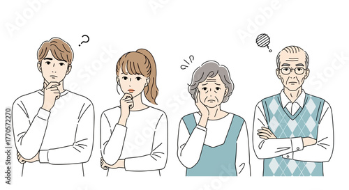 Multi-generational group of people, including young adults and seniors, expressing deep thought and confusion, with question marks symbolizing dilemmas, problem-solving, and decision-