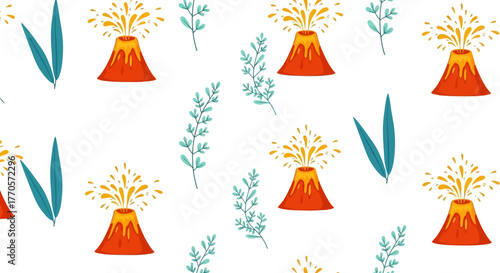 Seamless pattern featuring volcanoes erupting with orange lava and ash, surrounded by green foliage, perfect for vibrant background designs