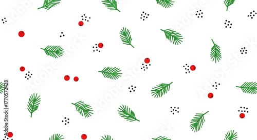 Festive holiday pattern featuring green fir leaves and red berries on a white background, perfect for winter designs