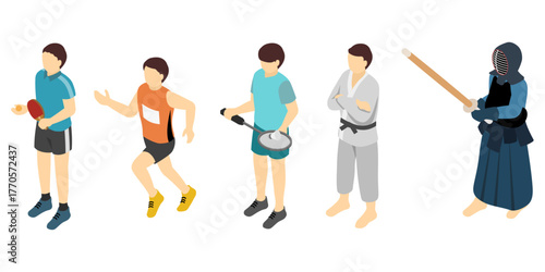 アイソメトリックイラスト：スポーツする男性(卓球、陸上、バドミントン、柔道、剣道)