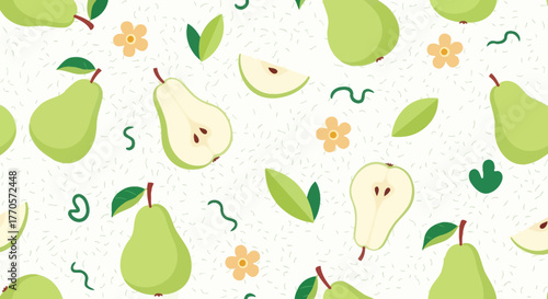 Delightful seamless pattern with fresh green pears, vibrant leaves, and small orange flowers, creating a refreshing and natural fruit background design suitable for textiles, packaging, 