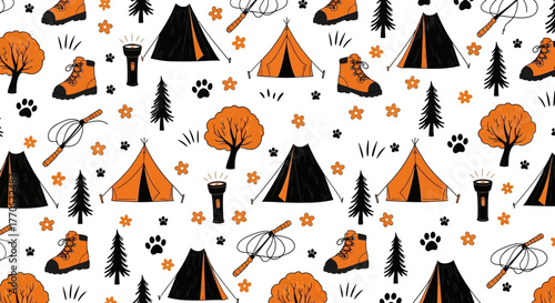 Camping Adventure Seamless Pattern with Tent, Trees, and Hiking Boots