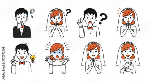 Cute vector illustrations featuring a newlywed bride and groom expressing a range of emotions and reactions, from joy to surprise, perfect for wedding-themed designs