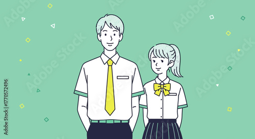 Illustrative Depiction of a High School Couple Against a Cheerful Green Backdrop