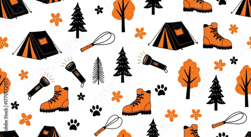 Vibrant seamless pattern with essential camping equipment and nature elements, featuring hiking boots, tents, flashlights, and trees, perfect for outdoor adventure backgrounds and textile designs