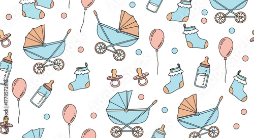 Adorable baby shower pattern with strollers, balloons, bottles, socks and pacifiers in soft pastel colors