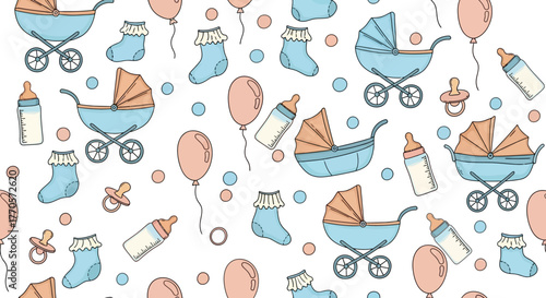 Seamless background pattern with cute hand-drawn baby shower elements. Vector illustration of strollers, bottles, pacifiers, and balloons for a newborn celebration