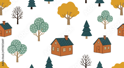 Seamless pattern of charming cartoon houses and diverse trees, evoking a cozy, rustic, and whimsical countryside ambiance