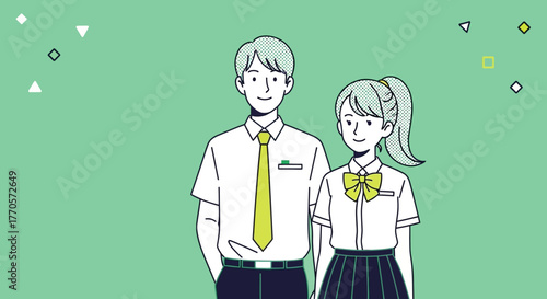 A simple line art illustration of a young high school student couple standing together in their uniforms. Vector graphic for back to school posters and educational concepts