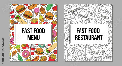 Delicious Fast Food Menu and Restaurant Flyers with Illustrated Food Items