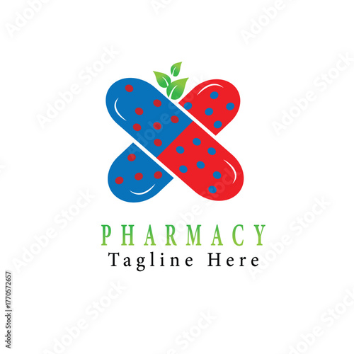 Art & IllustrationModern pharmacy logo design with red and blue capsule cross and green leaf, medical and healthcare vector icon for pharmaceutical company, natural medicine, hospital, or clinic logo