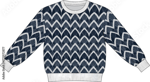 Modern zigzag geometric sweatshirt design, navy blue and gray seamless pattern illustration, stylish fashion apparel vector template, trendy digital clothing art