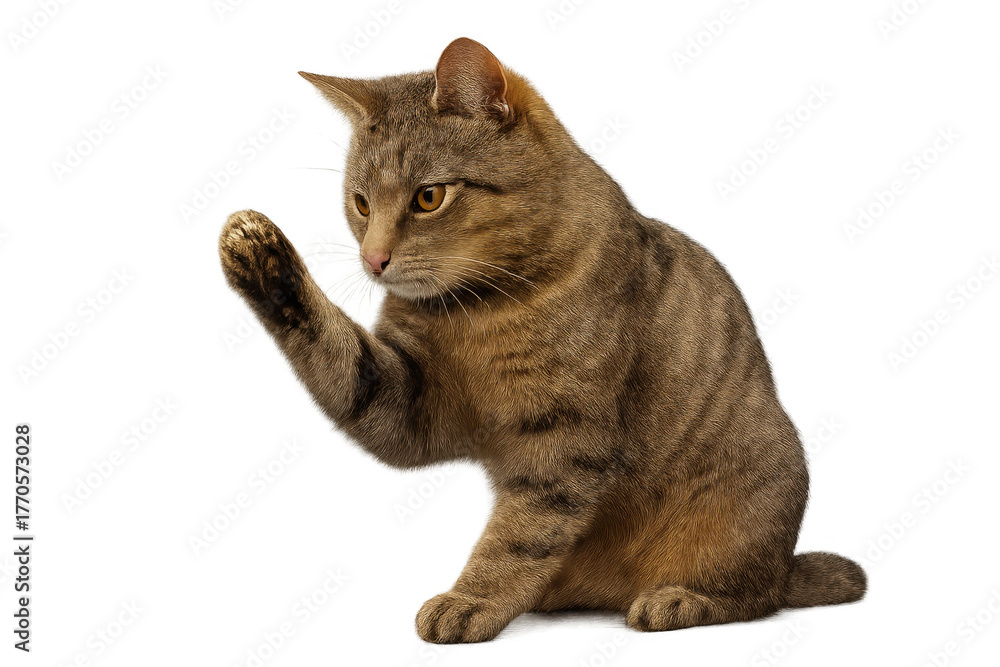 Obraz premium Tabby cat playing, reaching paw, looking focused, domesticated feline isolated with transparent background