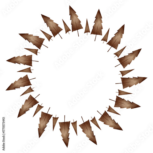 Watercolor Christmas wreath of brown wooden fir trees arranged in a round frame, Scandinavian minimalist style, natural earthy colors, cozy winter mood, isolated, vector