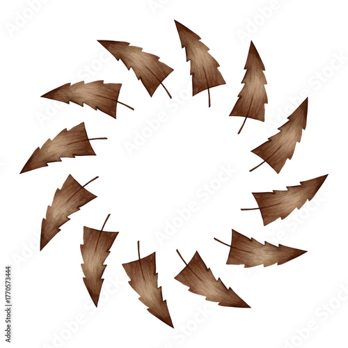 Watercolor Christmas wreath of brown wooden fir trees arranged in a round frame, Scandinavian minimalist style, natural earthy colors, cozy winter mood, isolated, vector