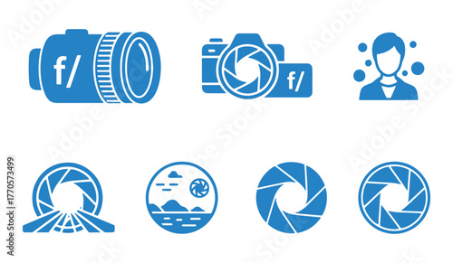 Minimalist blue icons set for aperture and depth of field: camera with f/, lens, portrait, bokeh, landscape, diaphragm blades — ideal for photo education, UI design and camera app content.