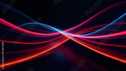 Abstract light trails in red and blue colors on a dark background. The design creates a sense of movement and energy, suitable for technology or modern themes.