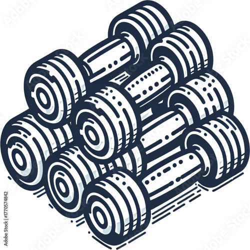 Stacked Dumbbells: A geometric arrangement of dumbbells, symbolizing strength and fitness. This image shows the essence of workout equipment and gym activity.