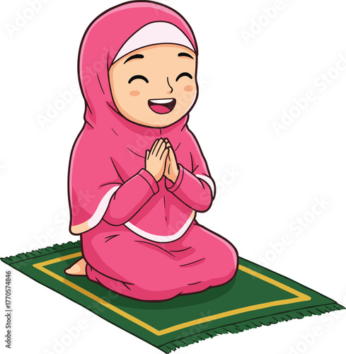 Smiling Muslim girl praying on mat, cute Islamic child illustration, peaceful worship moment, modest hijab clothing, faith and spirituality concept