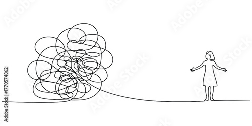 Continuous line drawing of a person and a tangled ball of thread vector