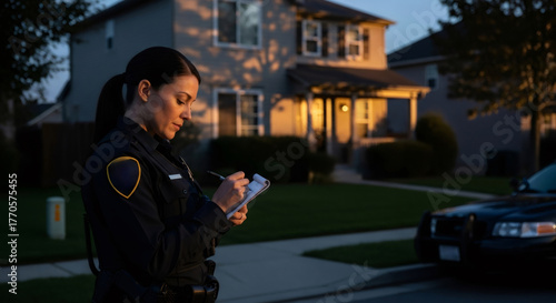 Woman police officer writing report on clipboard during sunset. Law enforcement official document record for investigation and police work.