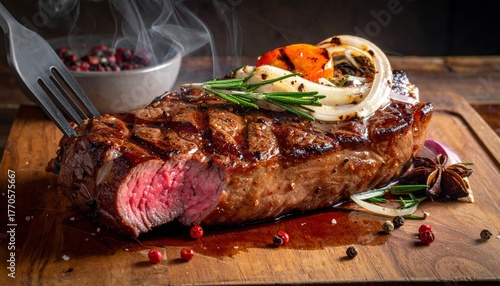 Delicious Steak with Rosemary and Mashed Potatoes on Wooden Board.