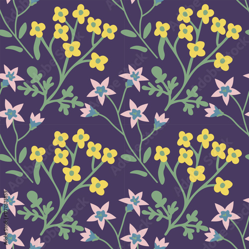 Seamless bellflower and rue vector pattern