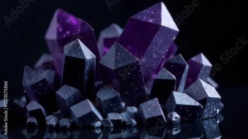 A cluster of purple amethyst crystals with sharp edges and a glossy surface, set against a dark background. The crystals vary in size and shape, creating a striking visual effect.