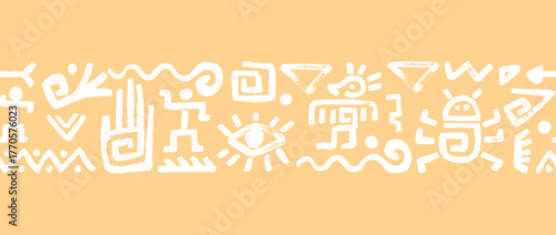 Seamless vector border pattern in white and beige with mexican, african and aztec tribal symbol. Vintage afro native design featuring triangle, bug, eye and tattoo elements by america maori art