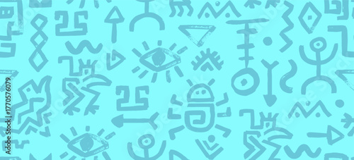 Ethnic african mexican or maya tribal seamless pattern with blue bg human figure, spiral, bug and eye icons. Vector background showing aztec symbols of arrow, sun, ocean wave and monkey