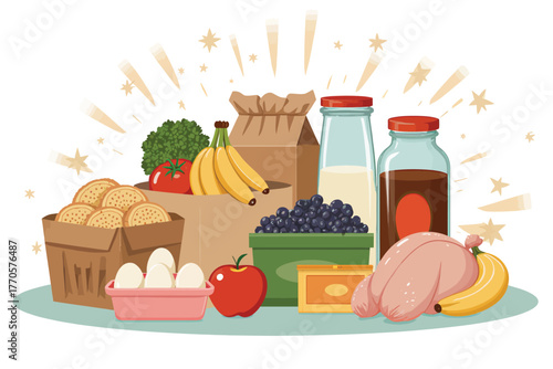 Vector illustration of assortment of groceries in a shopping bag, including fresh produce and packaged goods