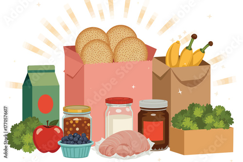 Vector illustration of assortment of groceries in paper bags and containers, featuring bread, fruits, vegetables, meat, and dairy