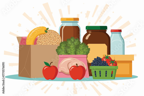 Vector illustration of variety of food items including fruits, vegetables, bread, meat, and dairy products in containers and bags