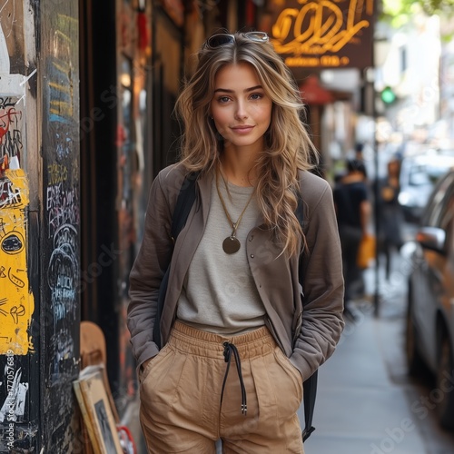 Woman posing on the sidewalk
